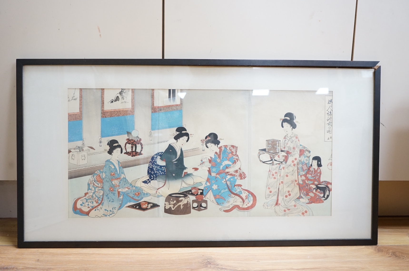 Yoshu Chikanobu (1838-1912), Life of court ladies, Japanese woodblock print together with Toshikata (1866-1907), Japanese tryptych woodblock print, largest 33 x 67cm